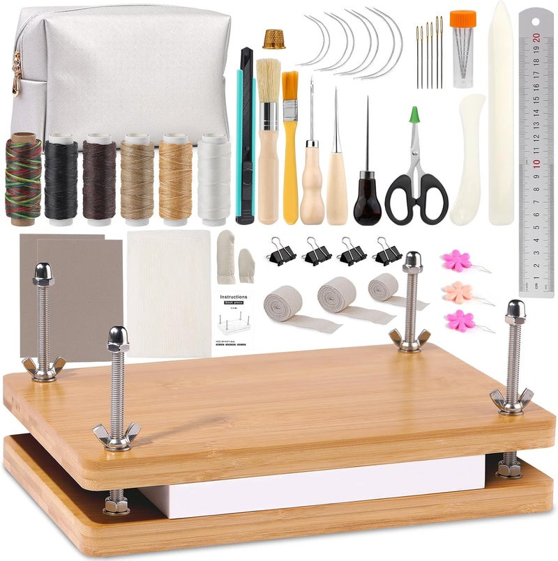 JUPEAN 45 Pcs Book Binding Kits Bookbinding Kit Book Press 7.9”x11.6” with Books Binding Materials Bone Folder Tool Webbing Strap and Storage Bag for Bindings and Repair - Image 1